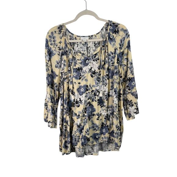 J Jill Butter Yellow Blue Floral Blouse Tassels Preppy Cottage Womens Plus 1x - Picture 1 of 7